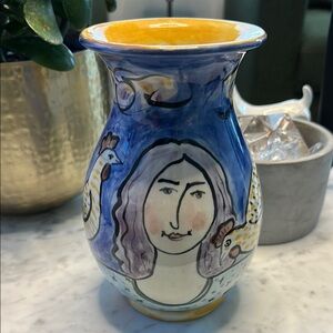 Signed Blue and Yellow Vase featuring woman with 2 chickens
